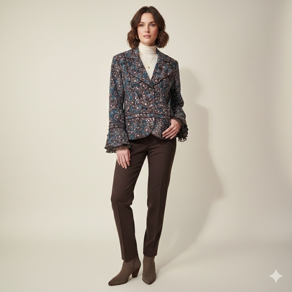 Ali Miles Brown Blue Floral Linen Blazer Jacket Bell Sleeve Size 10